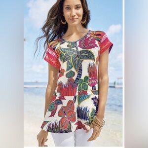 Soft Surroundings Women's Sz L Tigerwood Placed Print Henley Short Sleeve Top